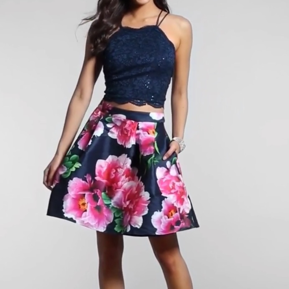 Two piece homecoming dress with print skirt